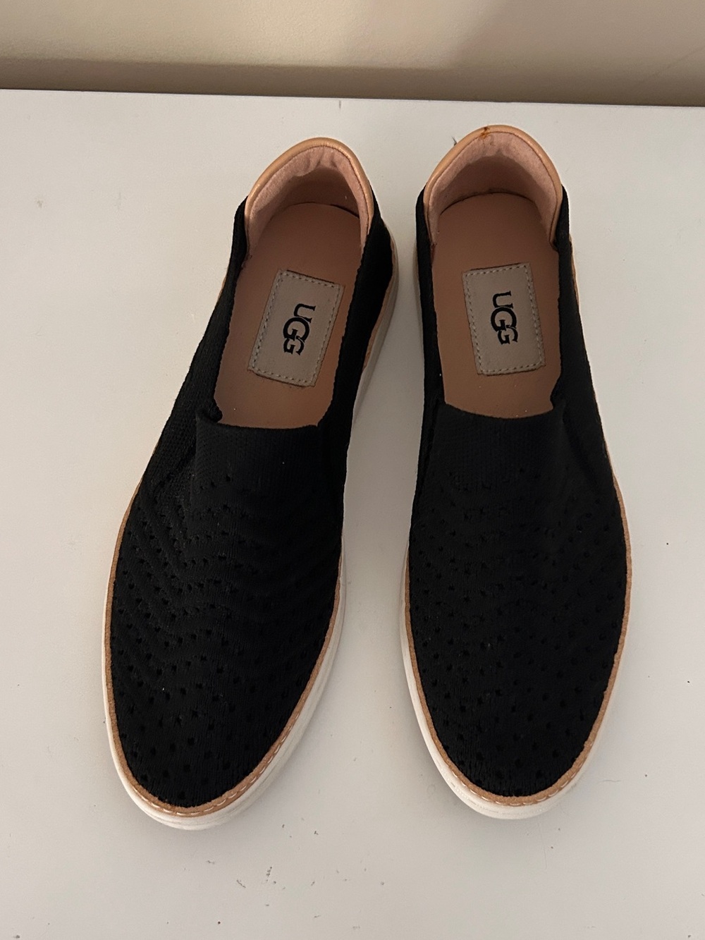 UGG Women’s Black Knit Slip-On Loafers with White Sole